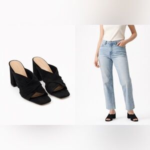 Adrienne Vittadini Black Suede Mule Heels Square Toe Minimal Chic